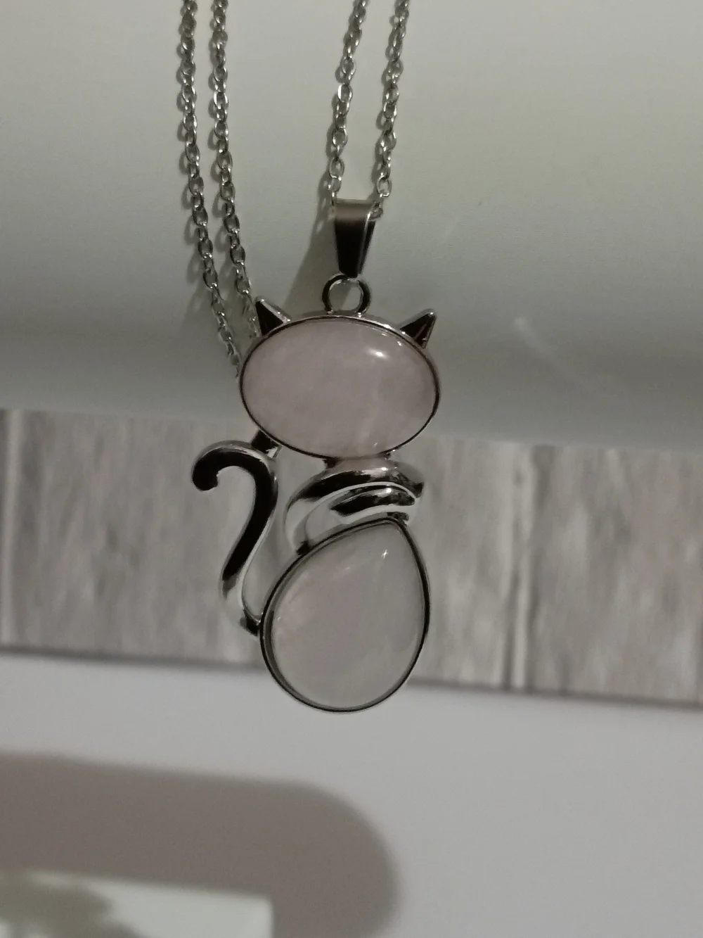 Rose Quartz Natural Crystal Gemstones Cat Pendant Necklace Stainless Steel 17in